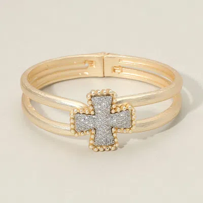 Fashnzfab Cz Stone Paved Bubble Rim Cross Accent Hinged Bangle Bracelet - Worn Gold In Multi