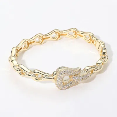 Fashnzfab Cz Stone Paved Buckle Accent Link Chain Hinged Bangle Bracelet Gold