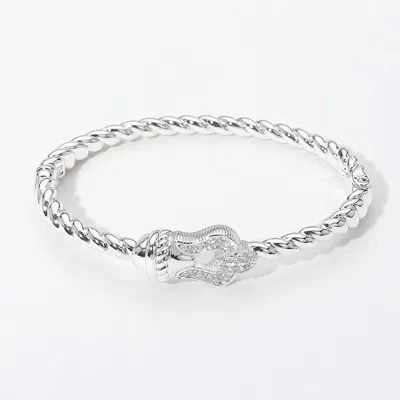 Fashnzfab Cz Stone Paved Buckle Accent Twisted Hinged Bangle Bracelet Rhodium In Multi
