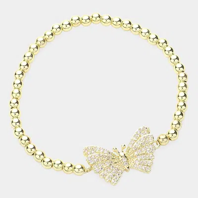 Fashnzfab Cz Stone Paved Butterfly Pointed Stainless Steel Ball Beaded Stretch Bracelet Gold