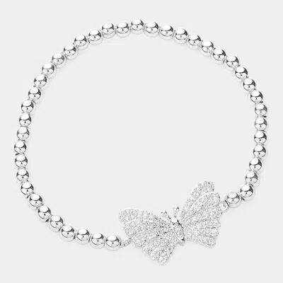 Fashnzfab Cz Stone Paved Butterfly Pointed Stainless Steel Ball Beaded Stretch Bracelet Silver