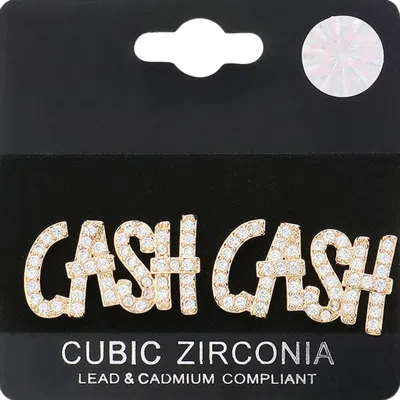 Fashnzfab Cz Stone Paved Cash Message Stud Earrings In Gold