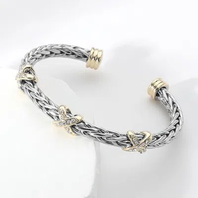Fashnzfab Cz Stone Paved Crisscross Cuff Bracelet Two Tone In Multi