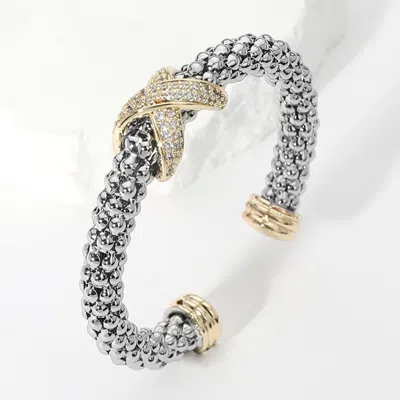 Fashnzfab Cz Stone Paved Crisscross Pointed Cuff Bracelet Two Tone In Silver