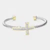 Fashnzfab Cz Stone Paved Cross Pointed Two Tone Split Cuff Bracelet Two Tone In Multi