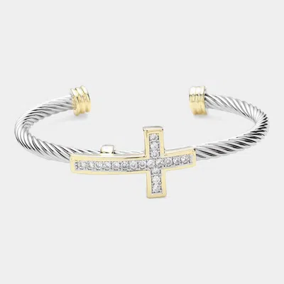 Fashnzfab Cz Stone Paved Cross Pointed Two Tone Split Cuff Bracelet Two Tone In Silver