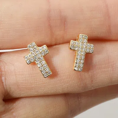 Fashnzfab Cz Stone Paved Cross Stud Earrings In Gold