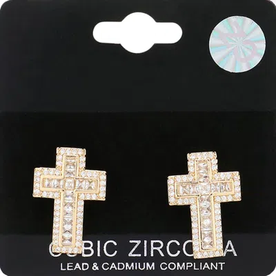 Fashnzfab Cz Stone Paved Cross Stud Earrings - Gold In Black