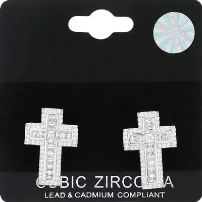 Fashnzfab Cz Stone Paved Cross Stud Earrings - Rhodium In Silver