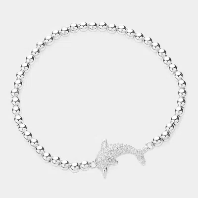 Fashnzfab Cz Stone Paved Dolphin Pointed Stainless Steel Ball Beaded Stretch Bracelet Silver