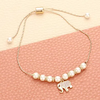 Fashnzfab Cz Stone Paved Elephant Charm Pearl Beaded Cinch Pull Tie Adjustable Bracelet In Gold
