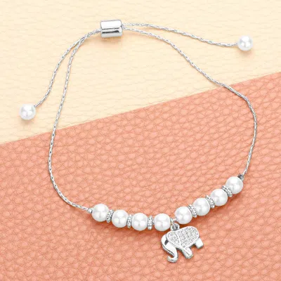 Fashnzfab Cz Stone Paved Elephant Charm Pearl Beaded Cinch Pull Tie Adjustable Bracelet In Silver