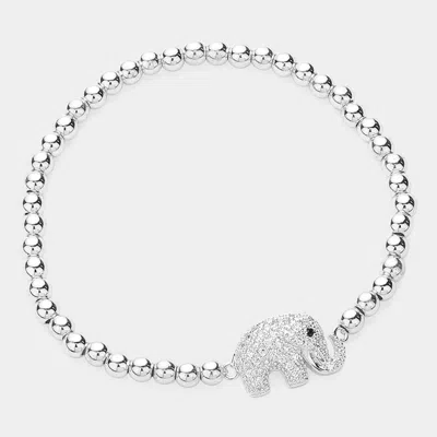 Fashnzfab Cz Stone Paved Elephant Pointed Stainless Steel Ball Beaded Stretch Bracelet Silver