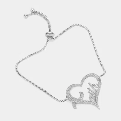 Fashnzfab Cz Stone Paved Faith Message Open Heart Pull Tie Bracelet Clear, Silver In Multi