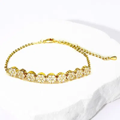 Fashnzfab Cz Stone Paved Floral Disc Cluster Adjustable Bracelet Clear, Gold In Silver