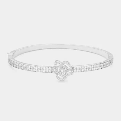 Fashnzfab Cz Stone Paved Flower Pointed Hinged Evening Bangle Bracelet Silver