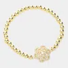 Fashnzfab Cz Stone Paved Flower Pointed Stainless Steel Ball Beaded Stretch Bracelet Gold In Gold