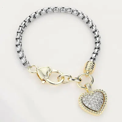 Fashnzfab Cz Stone Paved Heart Charm Bracelet Two Tone In Multi