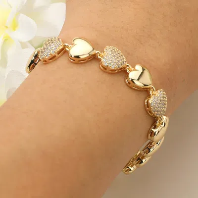 Fashnzfab Cz Stone Paved Heart Link Bracelet In Gold