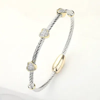Fashnzfab Cz Stone Paved Heart Pointed Bangle Magnetic Bracelet Two Tone In Multi