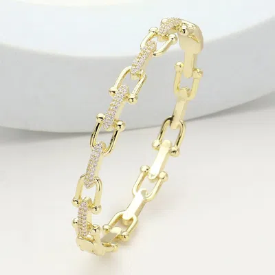 Fashnzfab Cz Stone Paved Horseshoe Buckle Hinged Bangle Bracelet - Clear, Gold In Silver