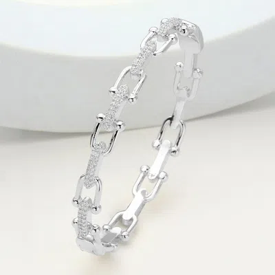 Fashnzfab Cz Stone Paved Horseshoe Buckle Hinged Bangle Bracelet Clear, Silver In Multi