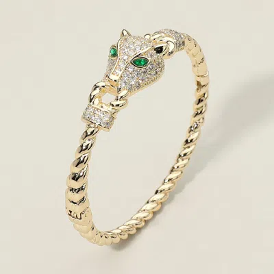 Fashnzfab Cz Stone Paved Leopard Panther Head Accent Hinged Bangle Bracelet Gold In Green