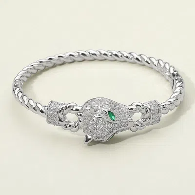 Fashnzfab Cz Stone Paved Leopard Panther Head Accent Hinged Bangle Bracelet In Multi