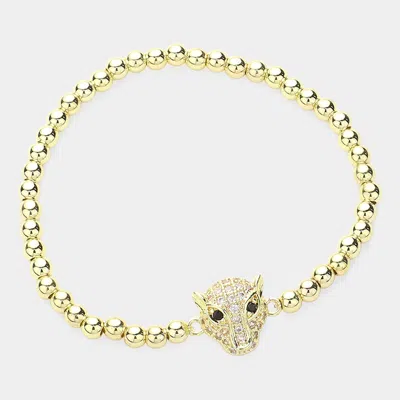 Fashnzfab Cz Stone Paved Leopard Panther Pointed Stainless Steel Ball Beaded Stretch Bracelet Gold, Leopard