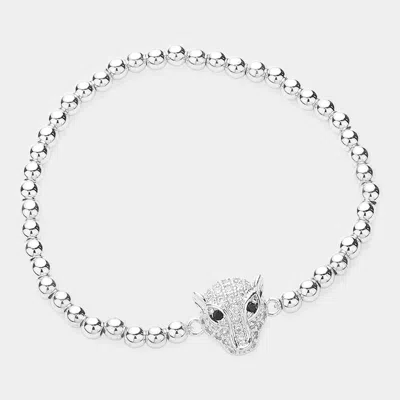 Fashnzfab Cz Stone Paved Leopard Panther Pointed Stainless Steel Ball Beaded Stretch Bracelet Leopard, Silver