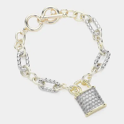 Fashnzfab Cz Stone Paved Lock Charm Pointed Two Tone Link Toggle Bracelet Two Tone In Multi