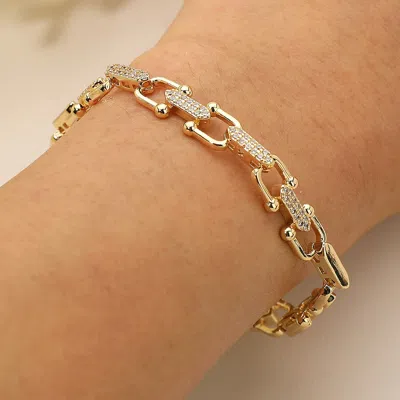 Fashnzfab Cz Stone Paved Modern Link Bracelet In Gold