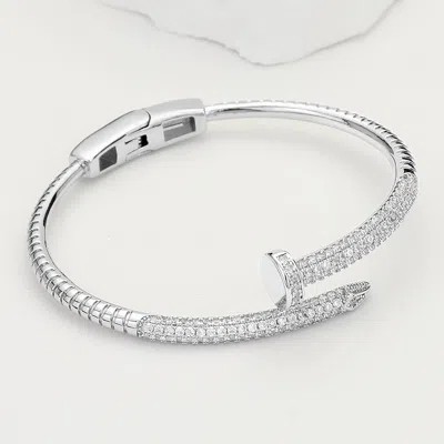 Fashnzfab Cz Stone Paved Nail Hinged Bangle Bracelet Rhodium In Silver