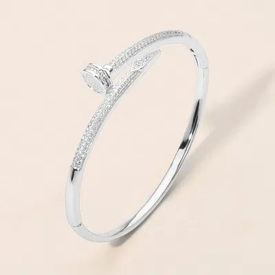 Fashnzfab Cz Stone Paved Nailhead Accent Hinged Bangle Bracelet In Metallic