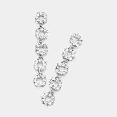 Fashnzfab Cz Stone Paved Open Circle Link Dropdown Evening Earrings - Clear, Silver In Metallic