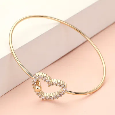 Fashnzfab Cz Stone Paved Open Heart Accented Bangle Bracelet Gold