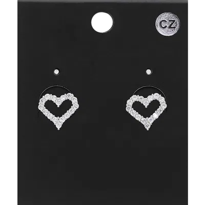 Fashnzfab Cz Stone Paved Open Heart Stud Earrings In Silver