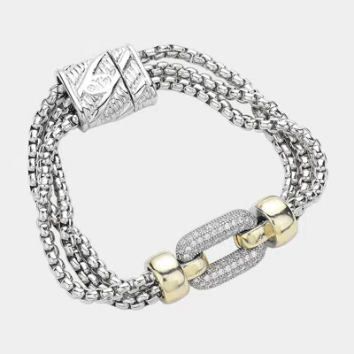 Fashnzfab Cz Stone Paved Open Oval Pointed Magnetic Bracelet In Metallic