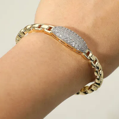 Fashnzfab Cz Stone Paved Oval Accent Chain Link Hinged Bangle Bracelet - Clear, Gold