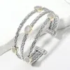 Fashnzfab Cz Stone Paved Oval Pointed Two Tone Triple Braided Split Cuff Bracelet Two Tone In Multi