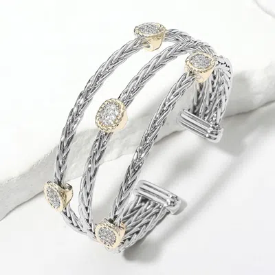 Fashnzfab Cz Stone Paved Oval Pointed Two Tone Triple Braided Split Cuff Bracelet Two Tone In Multi
