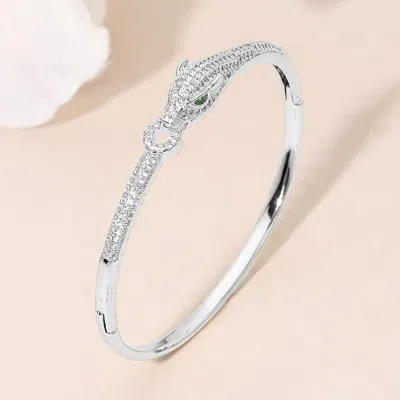 Fashnzfab Cz Stone Paved Panther Leopard Head Accent Hinged Bangle Bracelet - Rhodium In Multi