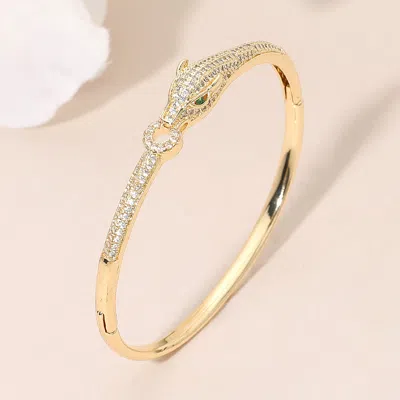 Fashnzfab Cz Stone Paved Panther Leopard Head Accent Hinged Bangle Braceletgold In Silver