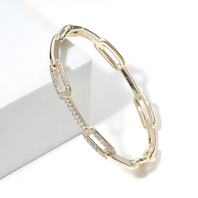 Fashnzfab Cz Stone Paved Paperclip Chain Hinged Bange Bracelet Gold