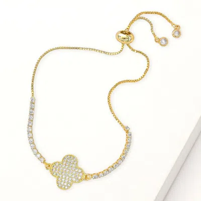 Fashnzfab Cz Stone Paved Quatrefoil Accent Pull Tie Adjustable Bracelet Clear, Gold In Silver