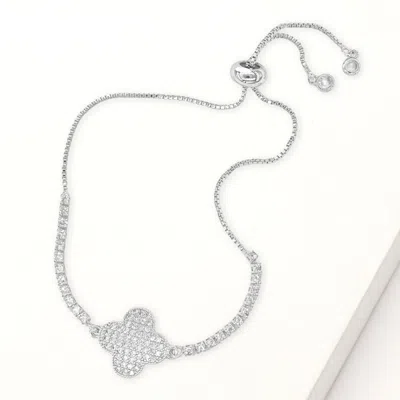 Fashnzfab Cz Stone Paved Quatrefoil Accent Pull Tie Adjustable Bracelet Clear, Silver In Multi