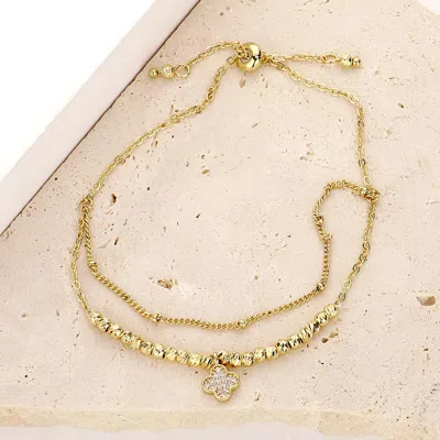 Fashnzfab Cz Stone Paved Quatrefoil Charm Pointed Brass Metal Adjustable Pull Tie Bracelet Clear, Gold