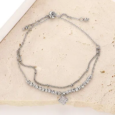 Fashnzfab Cz Stone Paved Quatrefoil Charm Pointed Brass Metal Adjustable Pull Tie Bracelet Clear, Rhodium In Silver