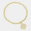 Fashnzfab Cz Stone Paved Quatrefoil Charm Pointed Stainless Steel Ball Beaded Stretch Bracelet Clear, Gold In Multi