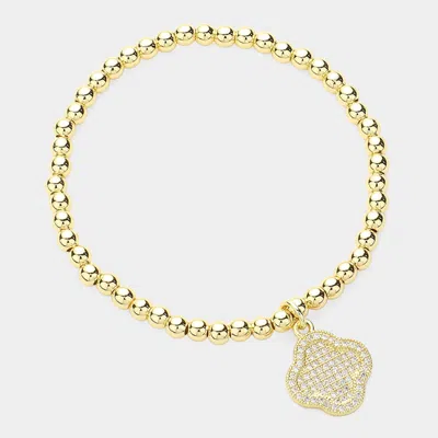 Fashnzfab Cz Stone Paved Quatrefoil Charm Pointed Stainless Steel Ball Beaded Stretch Bracelet Clear, Gold In Multi